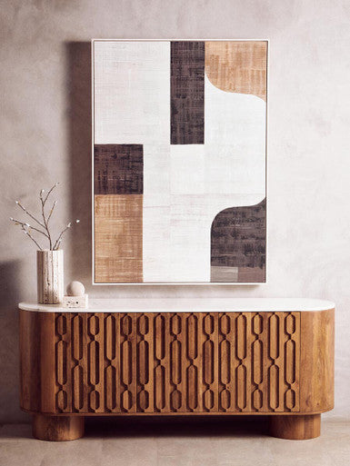 Torcino Mango Wood Carved Design Marble Top Three Door Sideboard - Image 5