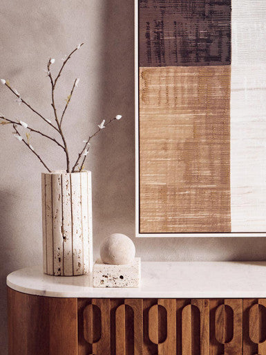 Torcino Mango Wood Carved Design Marble Top Three Door Sideboard