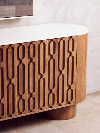 Torcino Mango Wood Carved Design Marble Top Three Door Sideboard - Image 8