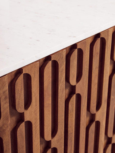 Torcino Mango Wood Carved Design Marble Top Three Door Sideboard
