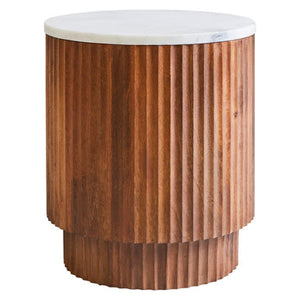 Torcino White Marble and Carved Mango Wood Side Table