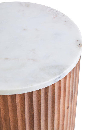 Torcino Mango Wood Carved Design Marble Top Side Table