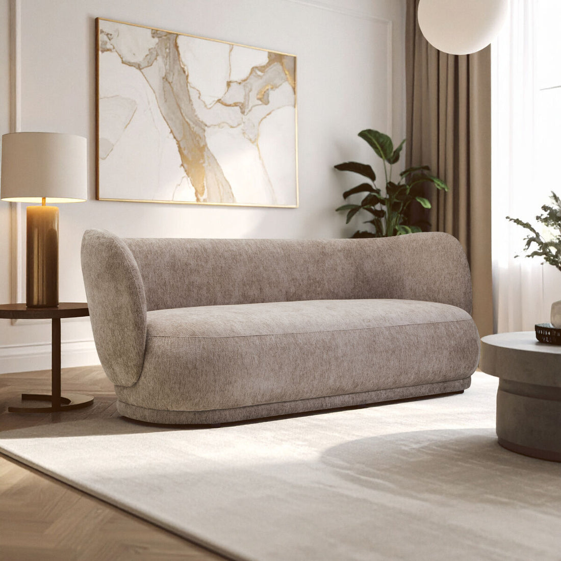 Delray Textured Chenille Effect Deep Stone Curve Three Seater Sofa