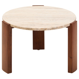 Palermo Natural Wood With Travertine Top Small Round Marble Coffee Table