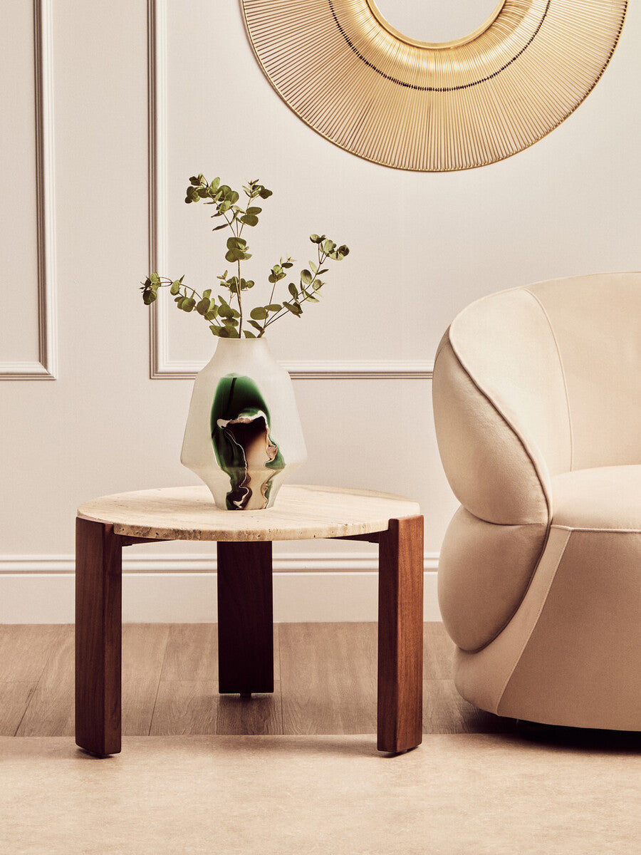 Palermo Natural Wood With Travertine Top Small Round Marble Coffee Table