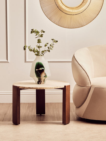Palermo Natural Wood With Travertine Top Small Round Marble Coffee Table