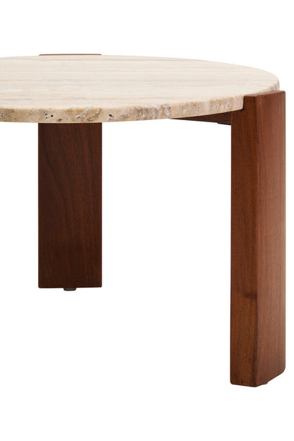 Palermo Natural Wood With Travertine Top Small Round Marble Coffee Table