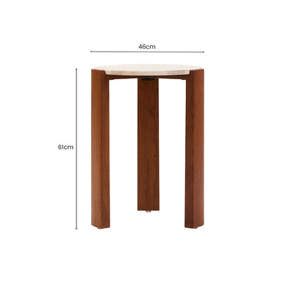 Cream Travertine Top Round Side Table with Natural Brown Acacia Wood Base, Palermo
