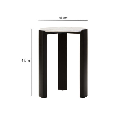 White Marble Top Round Side Table with Black Acacia Wood Legs, Palermo