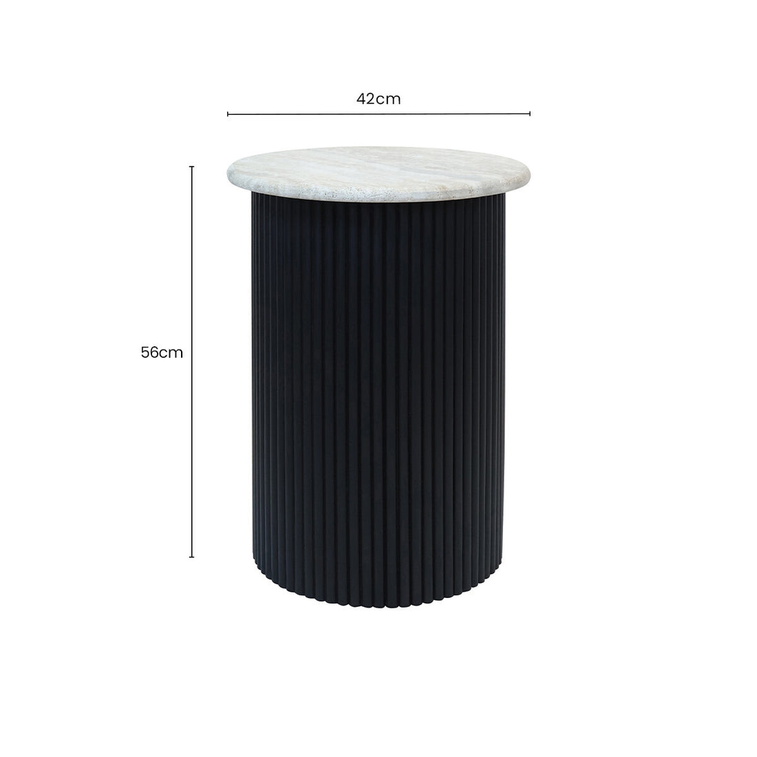 Cream Polished Travertine Top Side Table with Ridged Black Acacia Wood Cylindrical Base, Walton