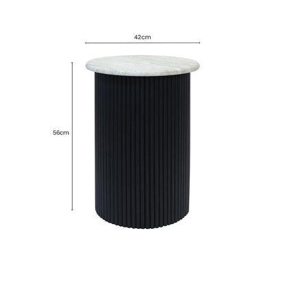 Cream Polished Travertine Top Side Table with Ridged Black Acacia Wood Cylindrical Base, Walton