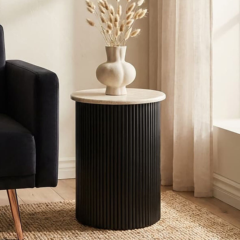 Cream Polished Travertine Top Side Table with Ridged Black Acacia Wood Cylindrical Base, Walton