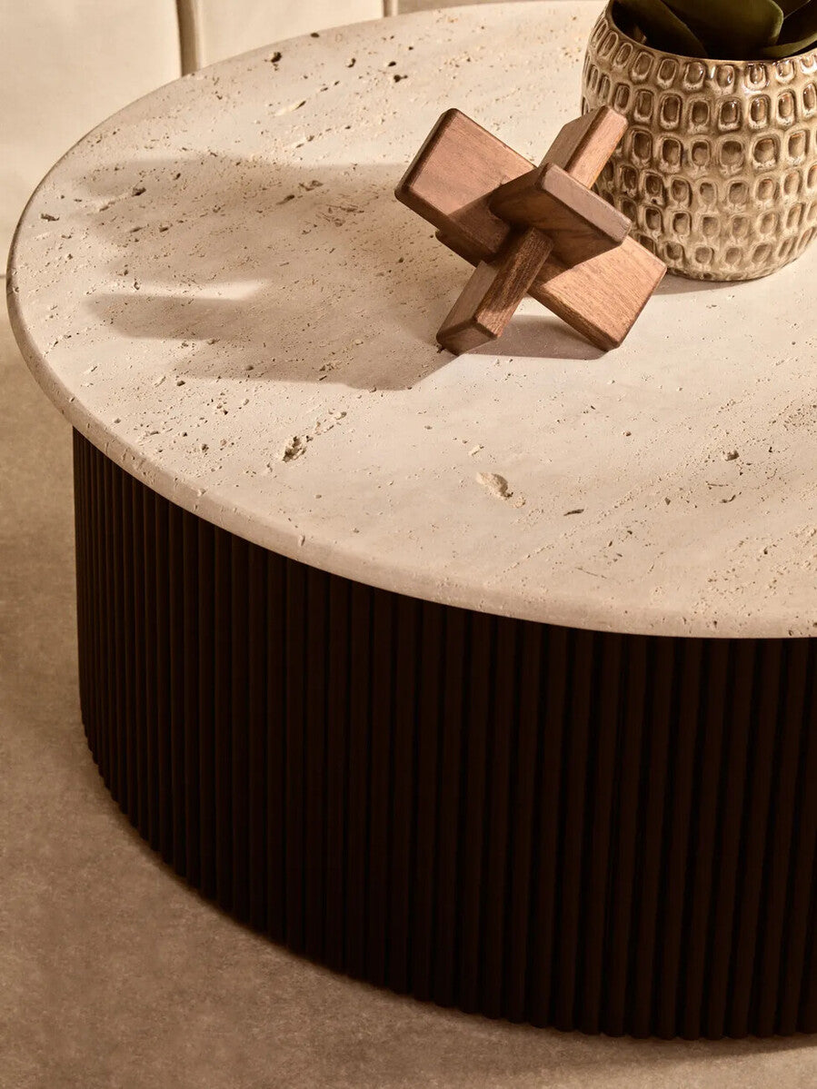 Cream Polished Travertine Top Coffee Table with Ridged Black Acacia Wood Drum Base, Walton