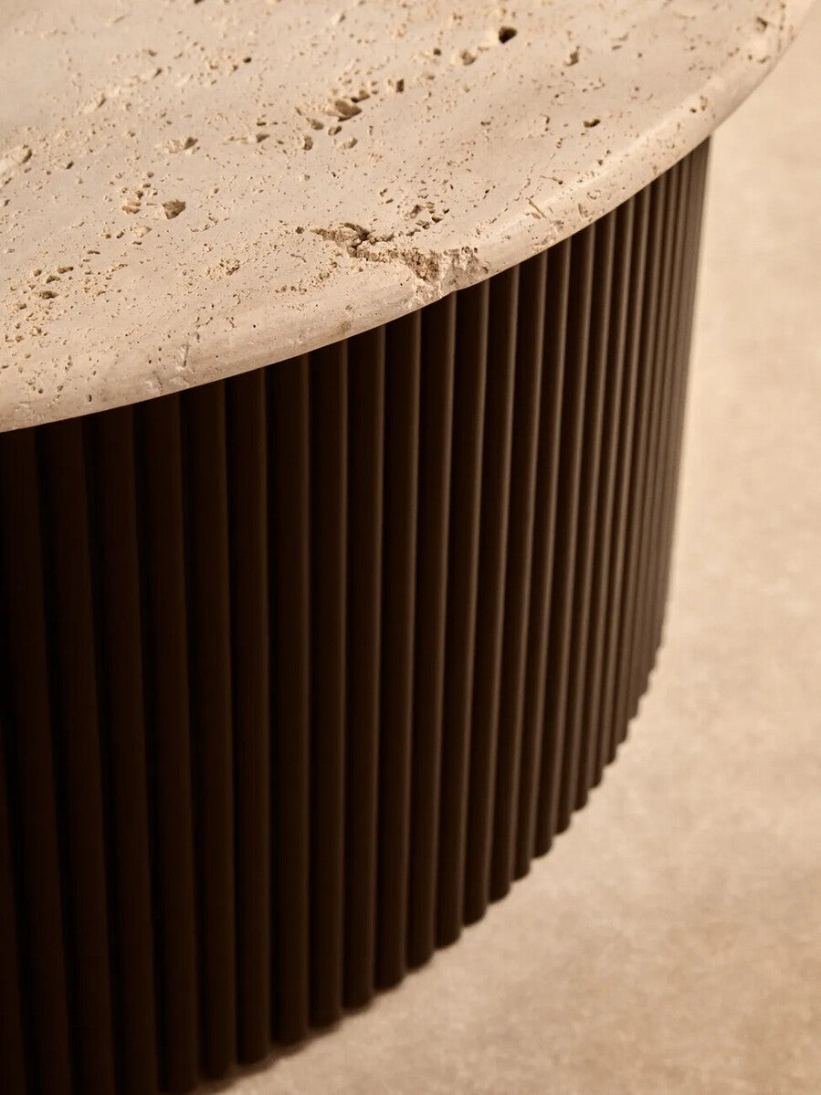 Cream Polished Travertine Top Coffee Table with Ridged Black Acacia Wood Drum Base, Walton