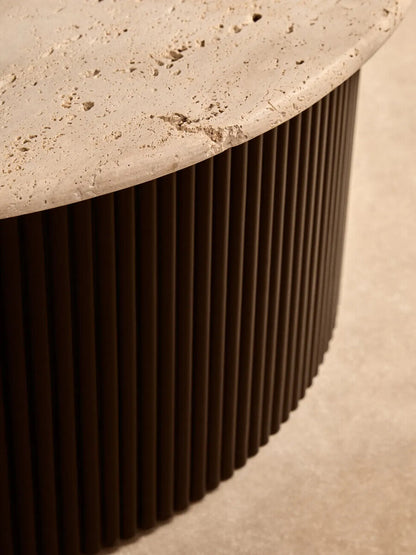 Cream Polished Travertine Top Coffee Table with Ridged Black Acacia Wood Drum Base, Walton