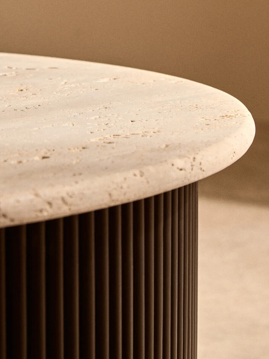 Cream Polished Travertine Top Coffee Table with Ridged Black Acacia Wood Drum Base, Walton