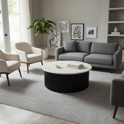 Walton Travertine Top Coffee Table with Black Acacia Wood Base