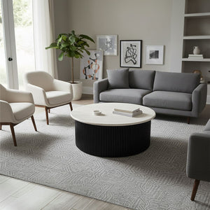 Walton Travertine Top Coffee Table with Black Acacia Wood Base