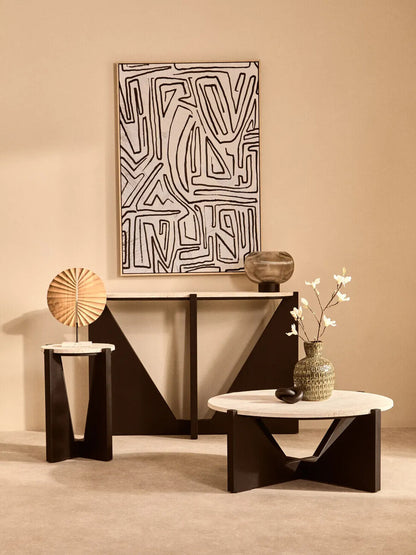 Cream Travertine Top Side Table with Black Acacia Wood Geometric Frame, Walton