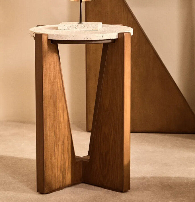Cream Travertine Top Side Table with Brown Acacia Wood Geometric Frame | Winton