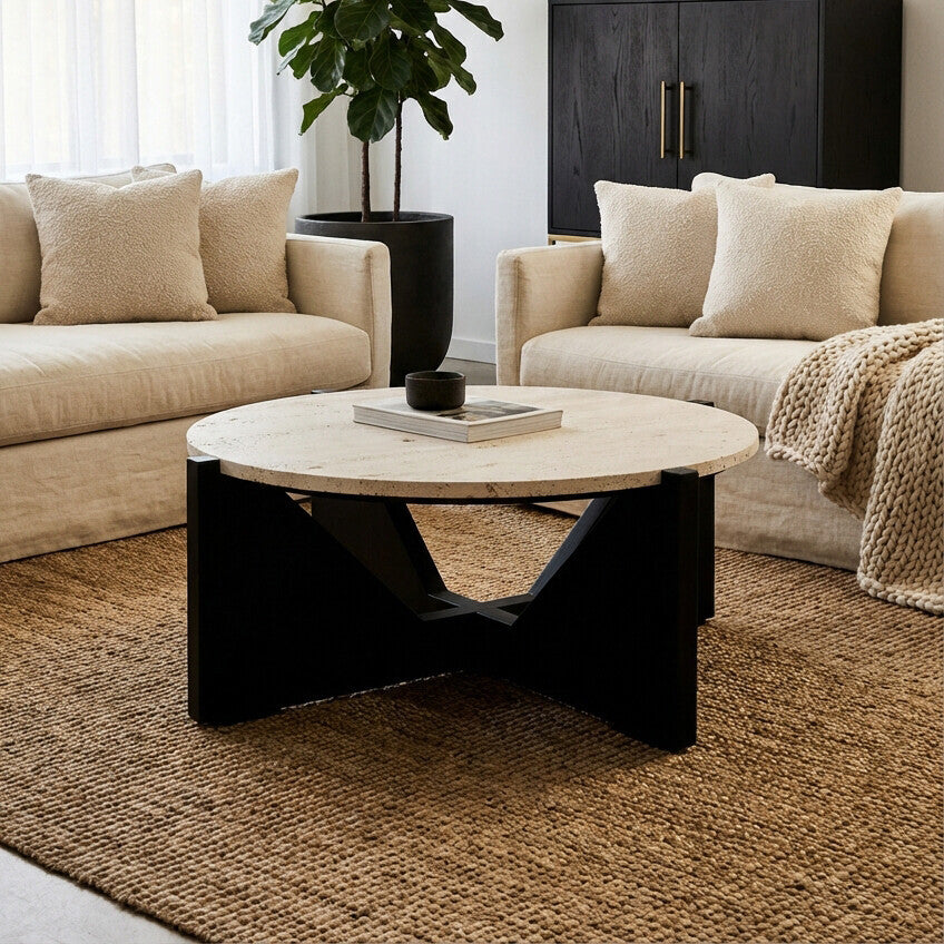 Winton Travertine Top Coffee Table With Black Acacia Wood Frame