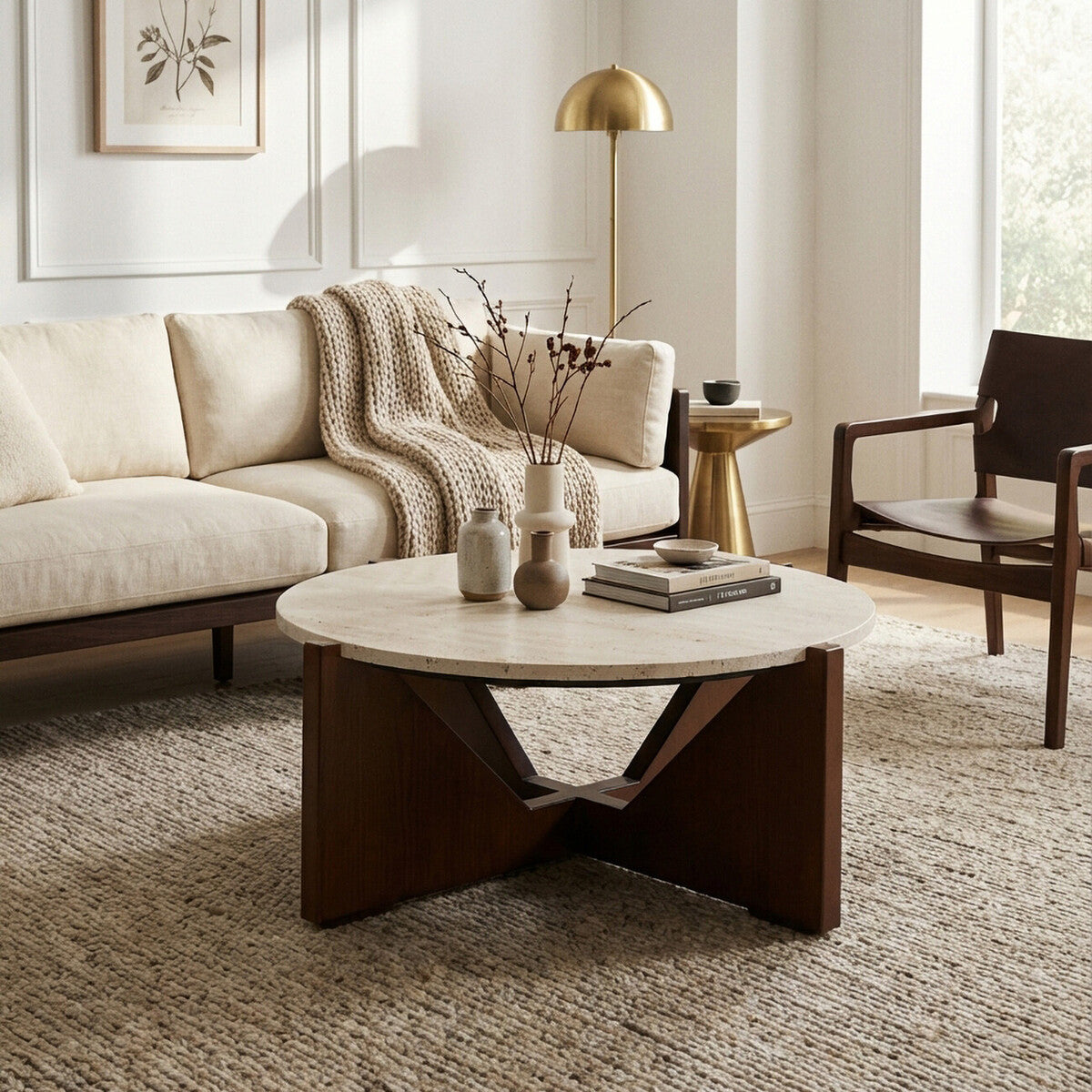 Winton Travertine Top Coffee Table With Acacia Wood Frame
