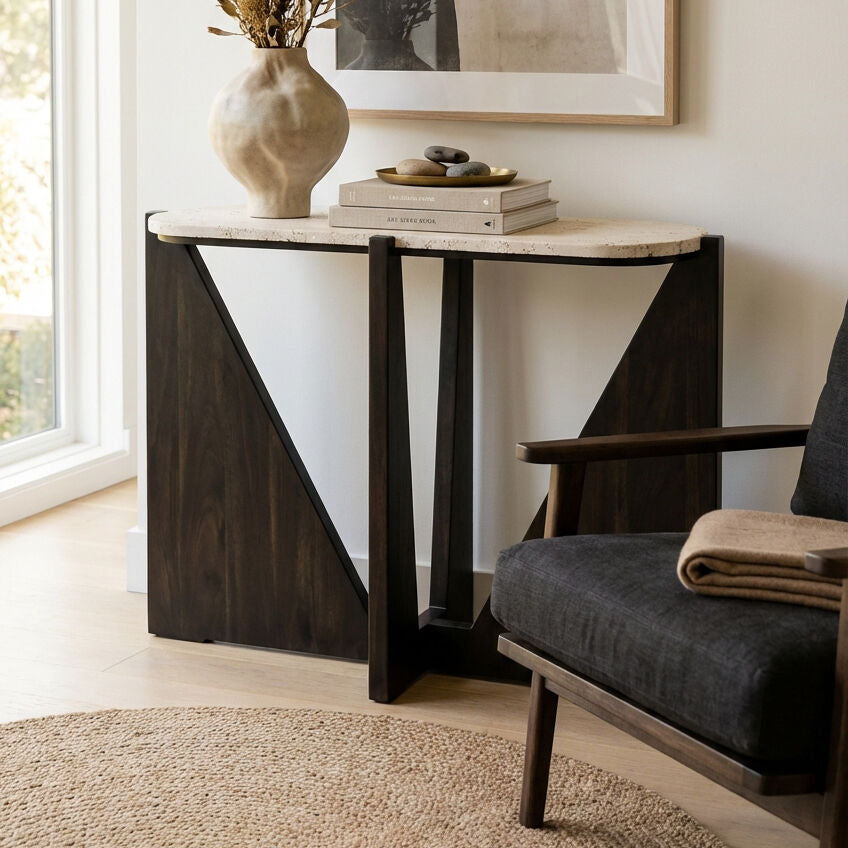 Winton Travertine Top Console Table With Black Acacia Wood Frame