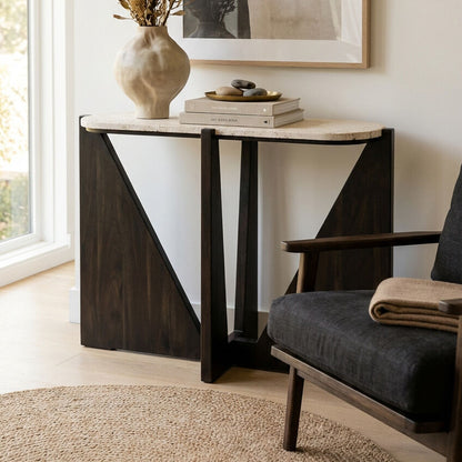 Winton Travertine Top Console Table With Black Acacia Wood Frame