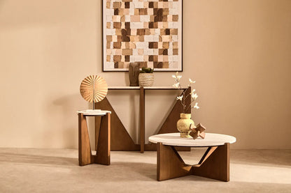 Cream Travertine Top Console Table with Brown Acacia Wood Frame, Walton