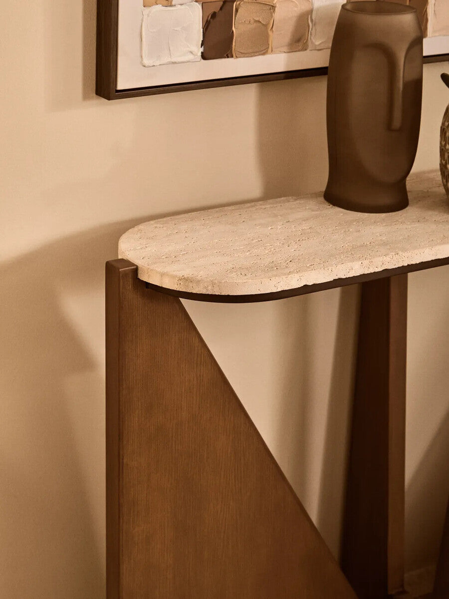Cream Travertine Top Console Table with Brown Acacia Wood Frame, Walton