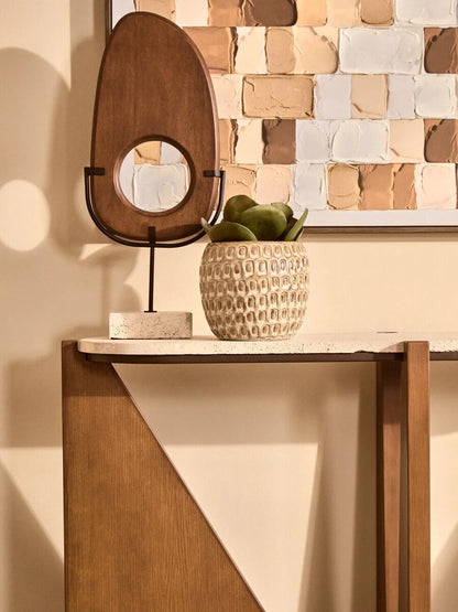 Cream Travertine Top Console Table with Brown Acacia Wood Frame, Walton