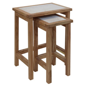 Womad Small Set Of 2 Wooden Side Tables With Travertine Tops
