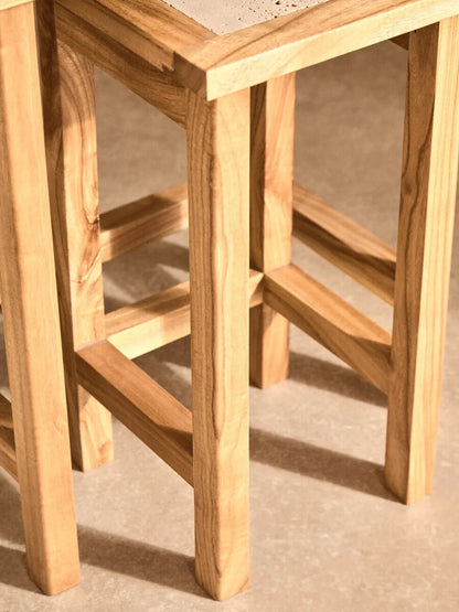 Set of 2 Cream Travertine Top Small Nesting Console Tables with Natural Acacia Wood Frames, Womad