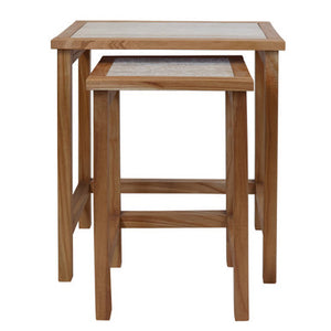 Womad Large Set Of 2 Wooden Side Tables With Travertine Tops