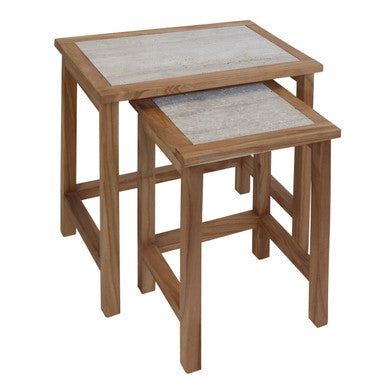 Womad Large Set Of 2 Wooden Side Tables With Travertine Tops