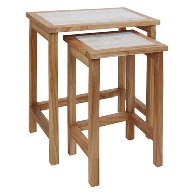 Womad Large Set Of 2 Wooden Side Tables With Travertine Tops