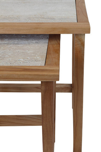 Womad Large Set Of 2 Wooden Side Tables With Travertine Tops