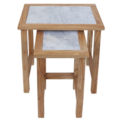 Womad Small Set Of 2 Wooden Side Tables With White Marble Tops