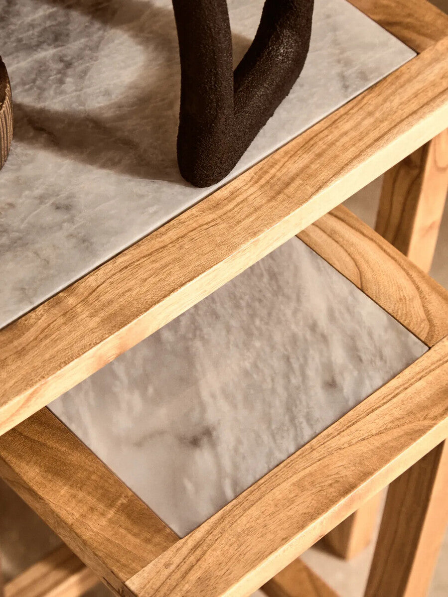 Set of 2 Small White Marble Top Nesting Side Tables with Natural Wood Frames, Womad