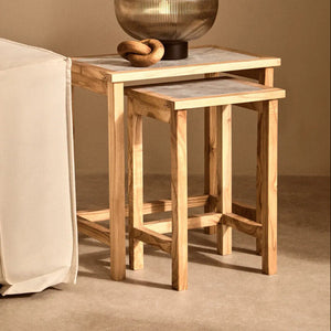 Womad White Marble and Natural Wood Set of 2 Nesting Side Tables