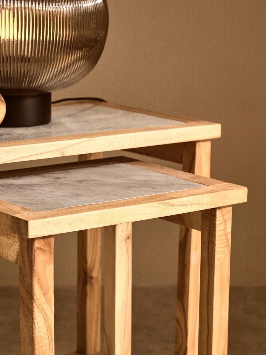 Set of 2 Large White Marble Top Nesting Side Tables with Natural Wood Frames, Womad
