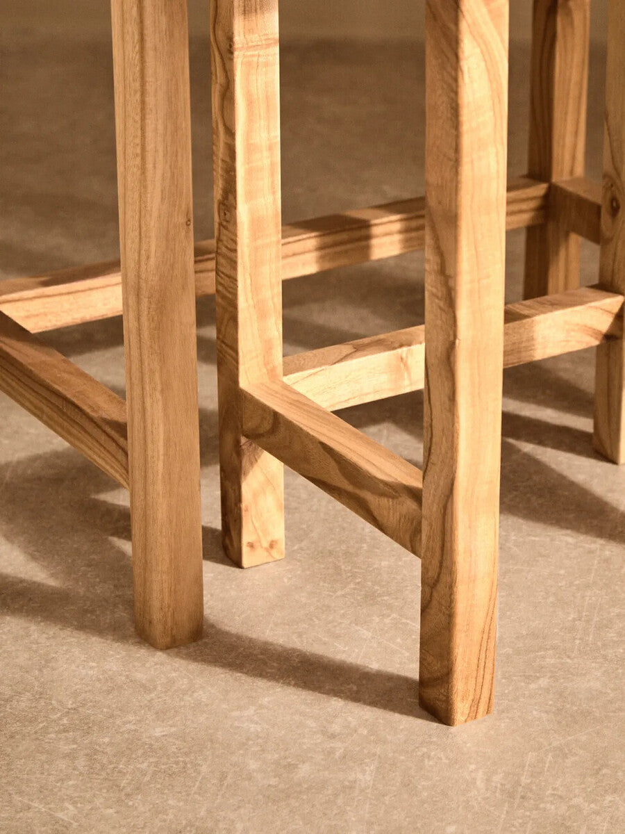 Set of 2 Large White Marble Top Nesting Side Tables with Natural Wood Frames, Womad