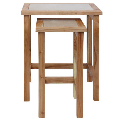 Womad Small Set Of 2 Wooden Side Tables With Cream Marble Tops