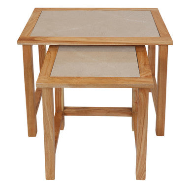 Womad Large Set Of 2 Wooden Side Tables With Cream Marble Tops