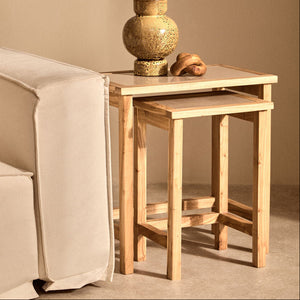 Set of 2 Large Cream Marble Top Nesting Side Tables with Natural Wood Frames, Womad