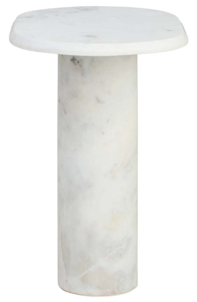 White Marble Side Table with Oblong Top and Cylindrical Base, Savio