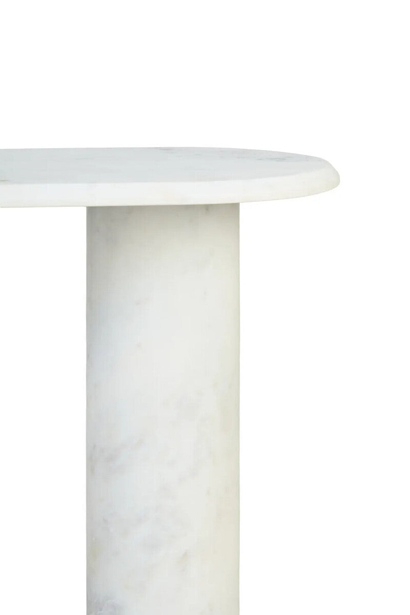 White Marble Side Table with Oblong Top and Cylindrical Base, Savio