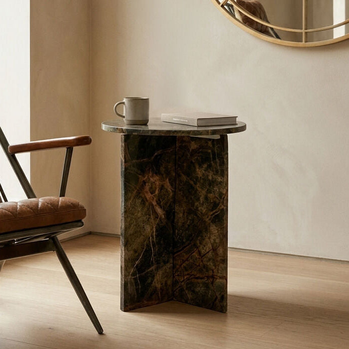 Forest Green Marble Round Side Table with Geometric Design, Fazio
