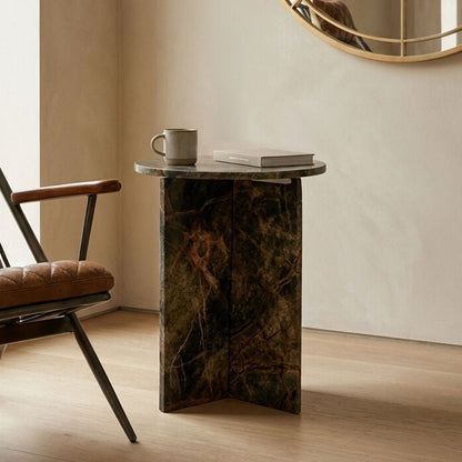 Forest Green Marble Round Side Table with Geometric Design, Fazio