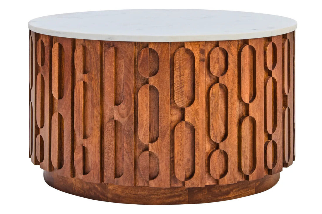 Torello Marble and Carved Mango Wood Round Coffee Table